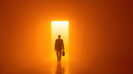 Obraz premium Silhouette of businessman walking through glowing doorway, symbolizing opportunity and new beginnings. warm orange light creates dramatic and inspiring atmosphere