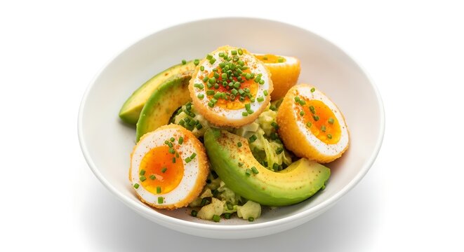 Crispy fried eggs with creamy avocado and mashed potatoes healthy breakfast meal - Powered by Adobe