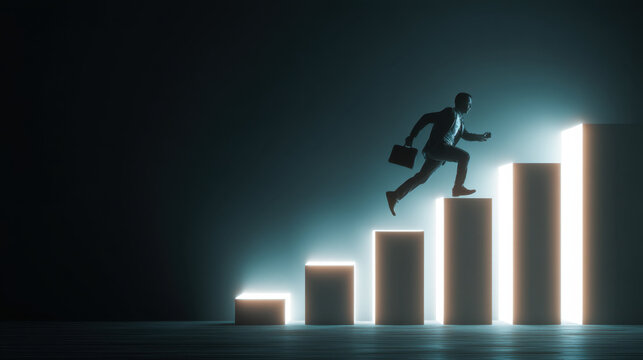 Business professional is depicted dynamic pose, leaping up series of illuminated bars representing growth and progress. dark background emphasizes bright light of bars, symbolizing success