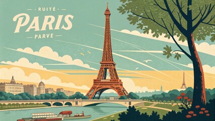 Vintage Paris travel poster featuring the Eiffel Tower and Seine River scene
