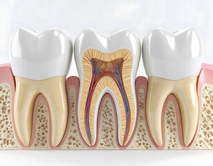 A cross-section view of a human jaw showing multiple teeth, one of which is dissected to reveal its internal structure, including the pulp chamber, root canals, and surrounding bone and gum tissue.