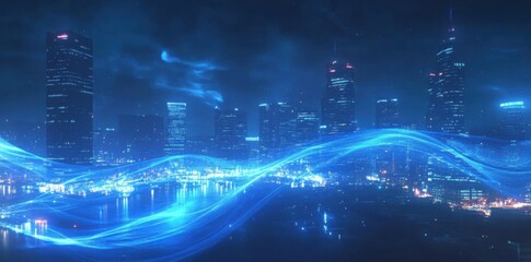 Night Cityscape with Flowing Digital Data Stream and Futuristic Concept
