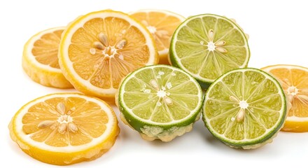 Fototapeta premium Fresh Citrus Slices Yellow Lemon and Green Lime Isolated on White Background Healthy Diet Ingredient