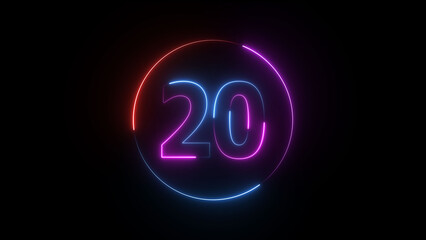 A dynamic circular illustration, and glowing neon number 20 illustration . on a black background. and creating a stunning illustration 4k illustration
