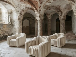 Elegant Cream Armchairs in Rustic Stone Room Interior