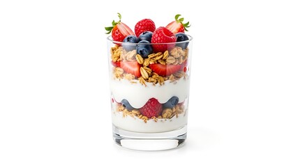Delicious Healthy Yogurt Parfait With Berries and Granola Isolated on White Background