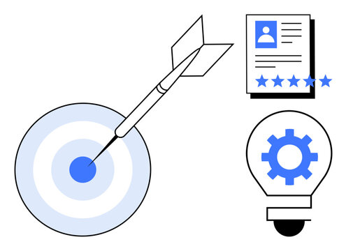 Target with dart, resume with star rating, and lightbulb with gear convey focus, skill recognition, and innovation. Ideal for business goals, recruitment, success, problem-solving creativity