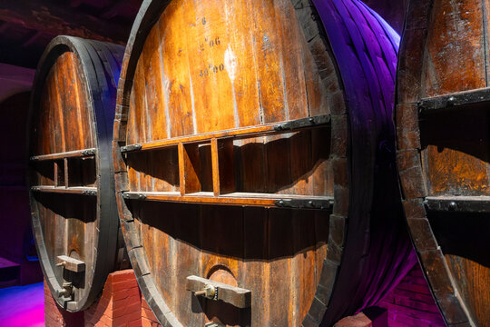 Fermentation in barrels in caves, traditional method of production of cremant and blanquette sparkling wine in Limoux, Occitanie, France, Blanquette de Limoux production