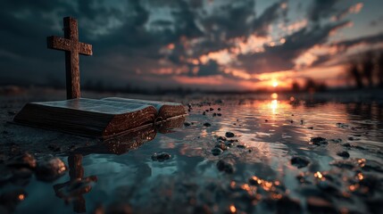 Reflection of faith at sunset with a cross and an open book near water