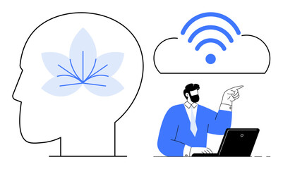 Human head with floral element, wireless in cloud, and business professional using laptop. Ideal for mindfulness, technology, connection, innovation, productivity creativity mental health. Simple