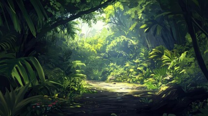 Explore Green Jungle Path with Lush Vegetation and Sunlit Clearing