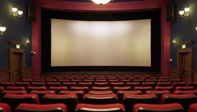 An empty vintage cinema interior, with rows of plush red velvet seats facing a large, blank white screen, is replaced 