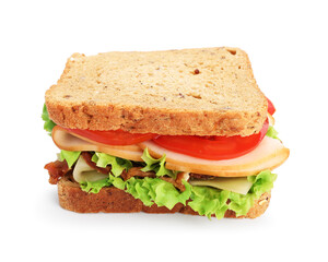 Tasty sandwich with ham, bacon, cheese and vegetables isolated on white