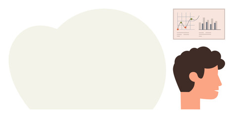 Side profile of a person analyzing a chart featuring line graphs and bar graphs. Ideal for analytics, business intelligence, decision-making, planning, market trends, research, learning. Simple flat