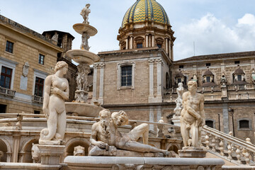 View of fontains of Palermo, citylife, ancient baroque churches, old narrow streets, Norman palaces, markets, Sicilian vacation destination, South of Italy