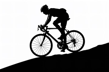 Obraz premium Cyclist Silhouette Racing Uphill Against Stark White Background, Conveying Themes of Competition and Athleticism.