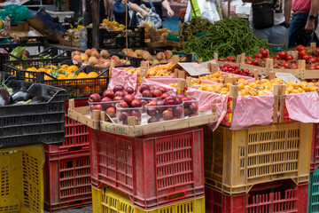 Vegetables and fruits on daily food market in old part of Palermo, local production, farming on Sicily, Italy