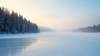Obraz premium Frozen lake with snowy forest sunrise.