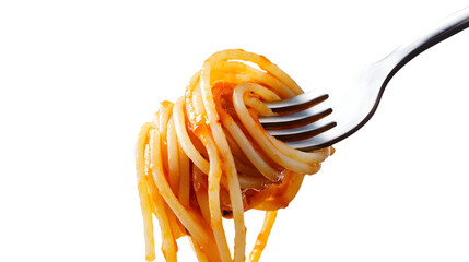 A close up view of spaghetti with tomato sauce twirled on a fork against a black background space