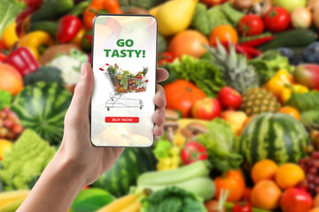 Food delivery. Man using mobile phone app to order grocery online, closeup