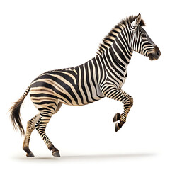Obraz premium A zebra with black and white stripes is seen mid jump against a plain white background in a studio shot