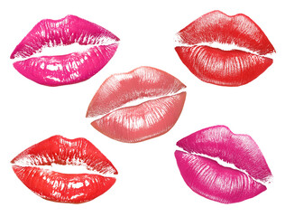 Obraz premium Lipstick kiss marks in different colors on white background, set