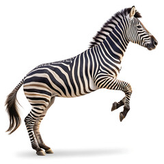Fototapeta premium A zebra with black and white stripes is captured mid leap on a plain white studio background, isolated animal