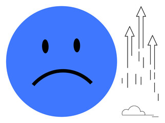 Large blue sad face contrasts with black rising arrows and simple cloud, symbolizing upward growth despite challenges. Ideal for business, personal growth, resilience, emotional balance, motivation
