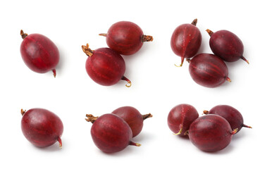 Fresh red gooseberries on white background, set. Top and side view