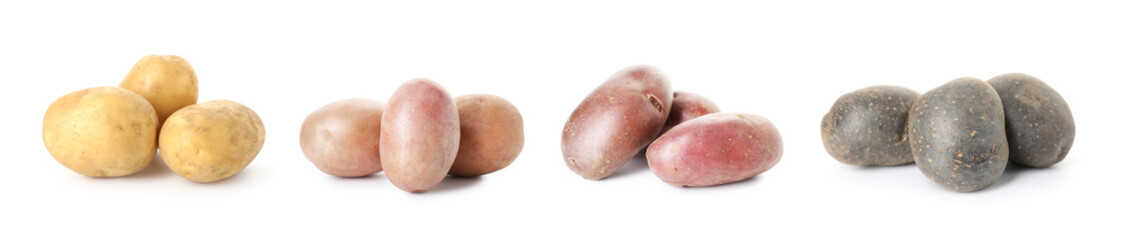 Different types of raw potatoes isolated on white, set