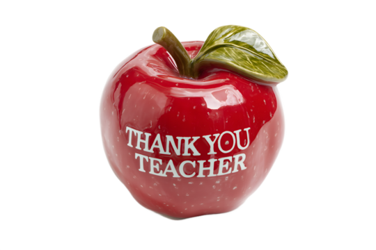 Red apple with thank you teacher text isolated on white background, symbol of teacher appreciation, gratitude, and education gift concept for Teacher’s Day celebration
