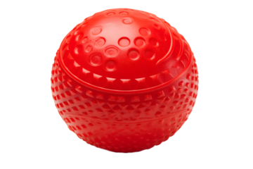 Red textured plastic cricket ball isolated on white background, durable training practice ball for beginners and kids, lightweight sports equipment for safe outdoor and indoor play