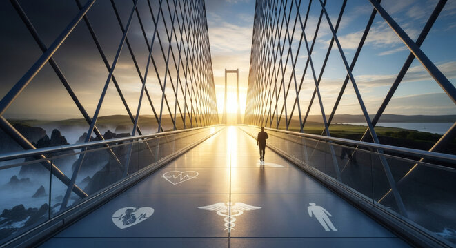 Person walking on a bridge with medical icons towards the sun with a geometric design overhead