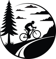 Silhouette of a cyclist riding on a mountain road isolated on transparent background