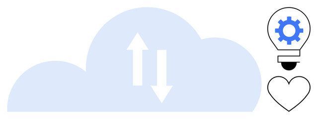 Fototapeta premium Cloud outline with arrows indicating data transfer, gear inside a light bulb, and a heart. Ideal for cloud computing, data flow, innovation, creativity, connectivity, technology integration simple