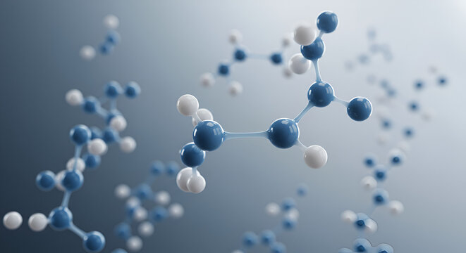 Molecular structure visualization: An abstract depiction of molecules in 3D space