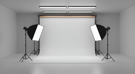 Professional photo studio setup with lighting equipment and backdrop system