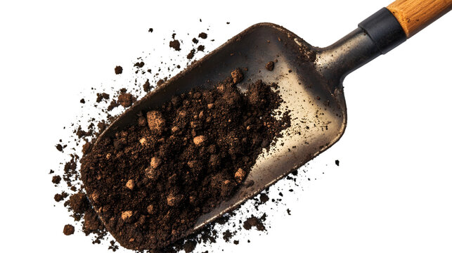 Close up of a metal shovel filled with dark brown soil and a wooden handle against a black background