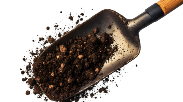 Close up of a metal shovel filled with dark brown soil and a wooden handle against a black background