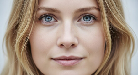 Fototapeta premium Close up portrait of a woman with blonde hair and blue eyes looking directly at the camera centered