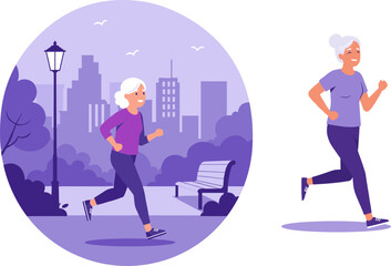 Elderly woman jogging in park with city skyline background  