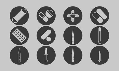 12 Circular Solid Dosage 24/7 Medical Service Healthcare Medicine Vector Illustration Set
