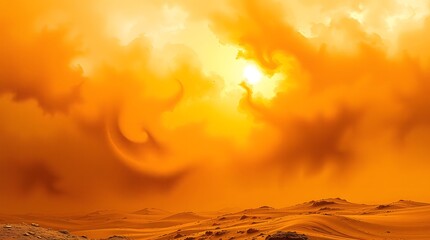 Vibrant desert landscape under a dramatic, fiery orange sky with haboob like swirling clouds and a bright sun peeking through