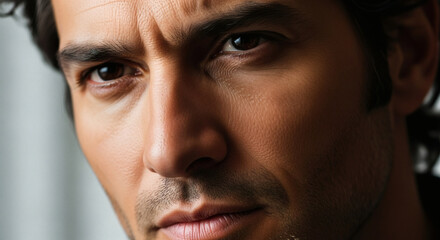 Close up portrait of a man with dark hair and intense gaze looking directly at the camera lens