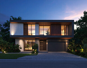 Modern facade of a two-story luxury house, surrounded by tropical vegetation.