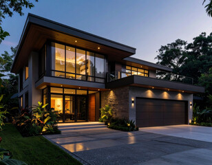 Modern facade of a two-story luxury house, surrounded by tropical vegetation.
