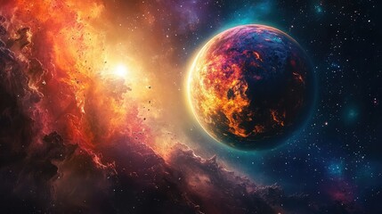 Obraz premium A planet is in the middle of a space with a bright orange sun