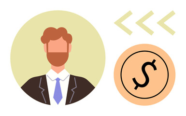 Businessman in formal attire next to a dollar sign inside a circle and arrows pointing forward. Ideal for finance, investment, leadership, management, career growth, corporate success, simple flat