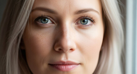 Fototapeta premium Close up portrait of a woman with blonde hair and blue eyes looking directly at the camera indoors