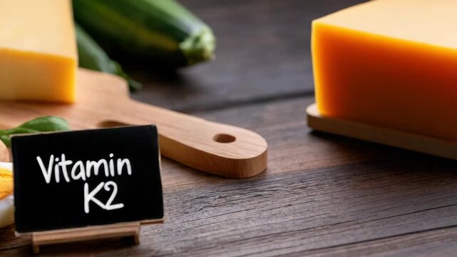 Green vegetables, egg, and cheese with Vitamin K2 sign